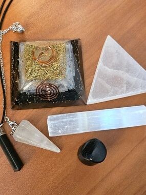 Black & Gold Pyramid Orgone Energy Necklace with Crystal Pendants